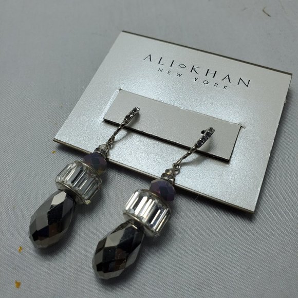 ALI KHAN grey faceted drop with rhinestones fish hook earring with gift box - Picture 4 of 7